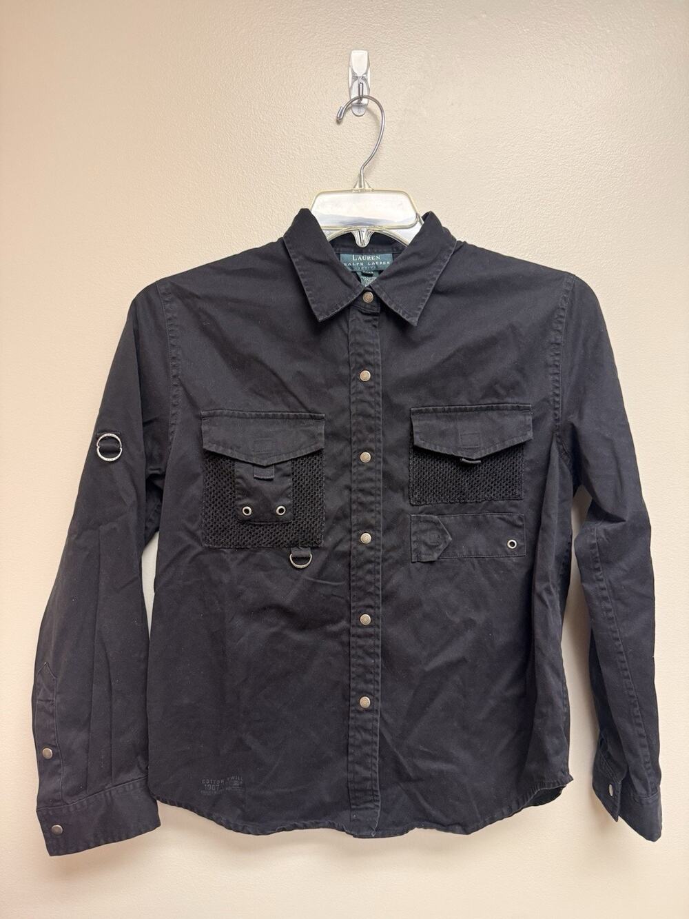 Vtg Black Ralph Lauren Women’s Utility Shirt Cotton Twill Snap Front Petite P/M